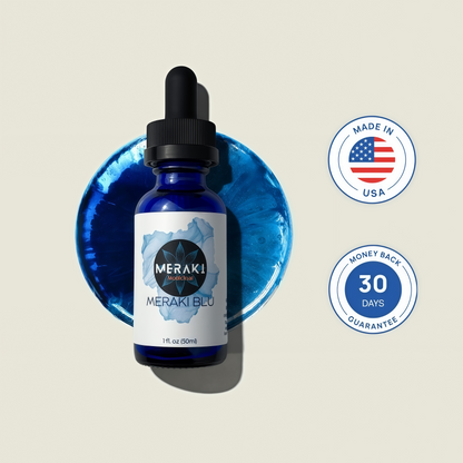 Meraki Blu USP Grade Methylene Blue Solution, 1% Formula, 30 mL | Third-party tested methylene blue solution, high-purity 1% liquid formula in a 30 mL glass dropper bottle.