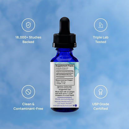 Meraki Blu USP Grade Methylene Blue Solution, 1% Formula, 30 mL | Third-party tested methylene blue solution, high-purity 1% liquid formula in a 30 mL glass dropper bottle.
